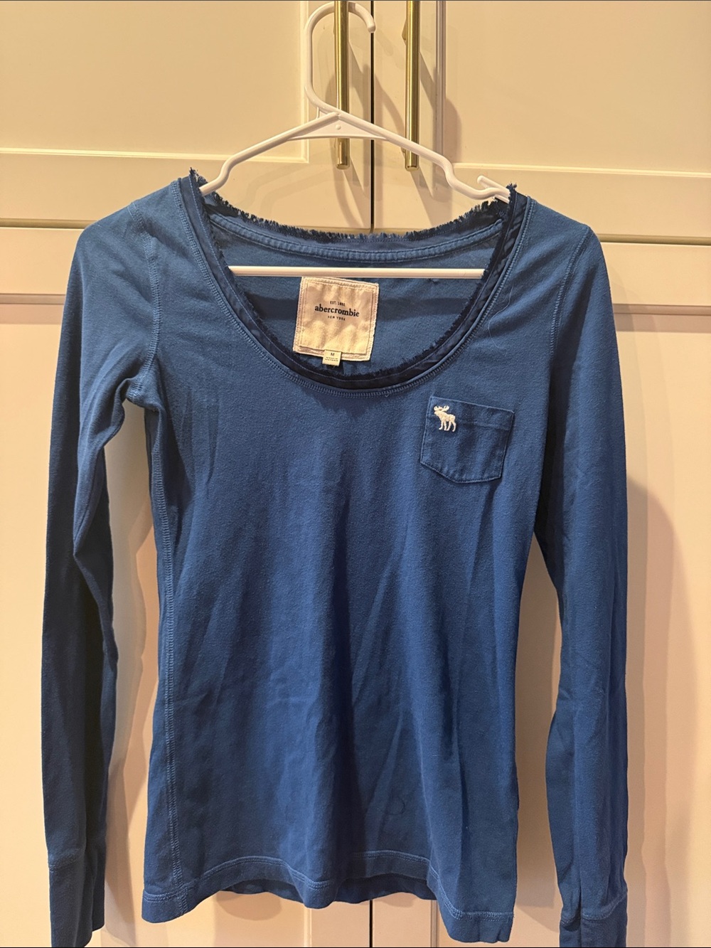 Y2K Abercrombie & Fitch Women's Royal Blue Long-Sleeve Scoop Neck Tee medium